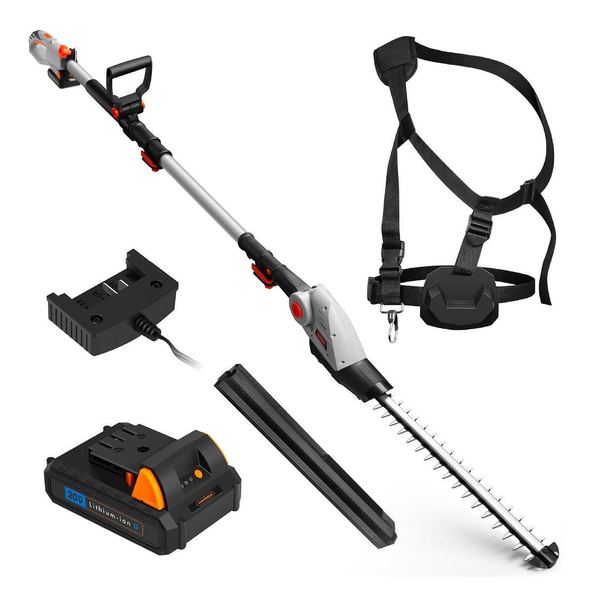 Cordless Pole Hedge Trimmer 76-96.1 in 20V 2 Batteries Harness Gray