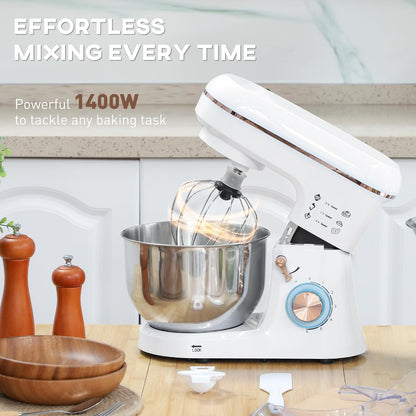 Stand Mixer 1400W 5.3 Qt 6 Speeds Pulse Setting Stainless Steel Bowl White