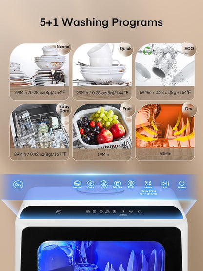 Countertop Dishwasher 5.3 Qt 6 Programs Delay Start Air Dry White