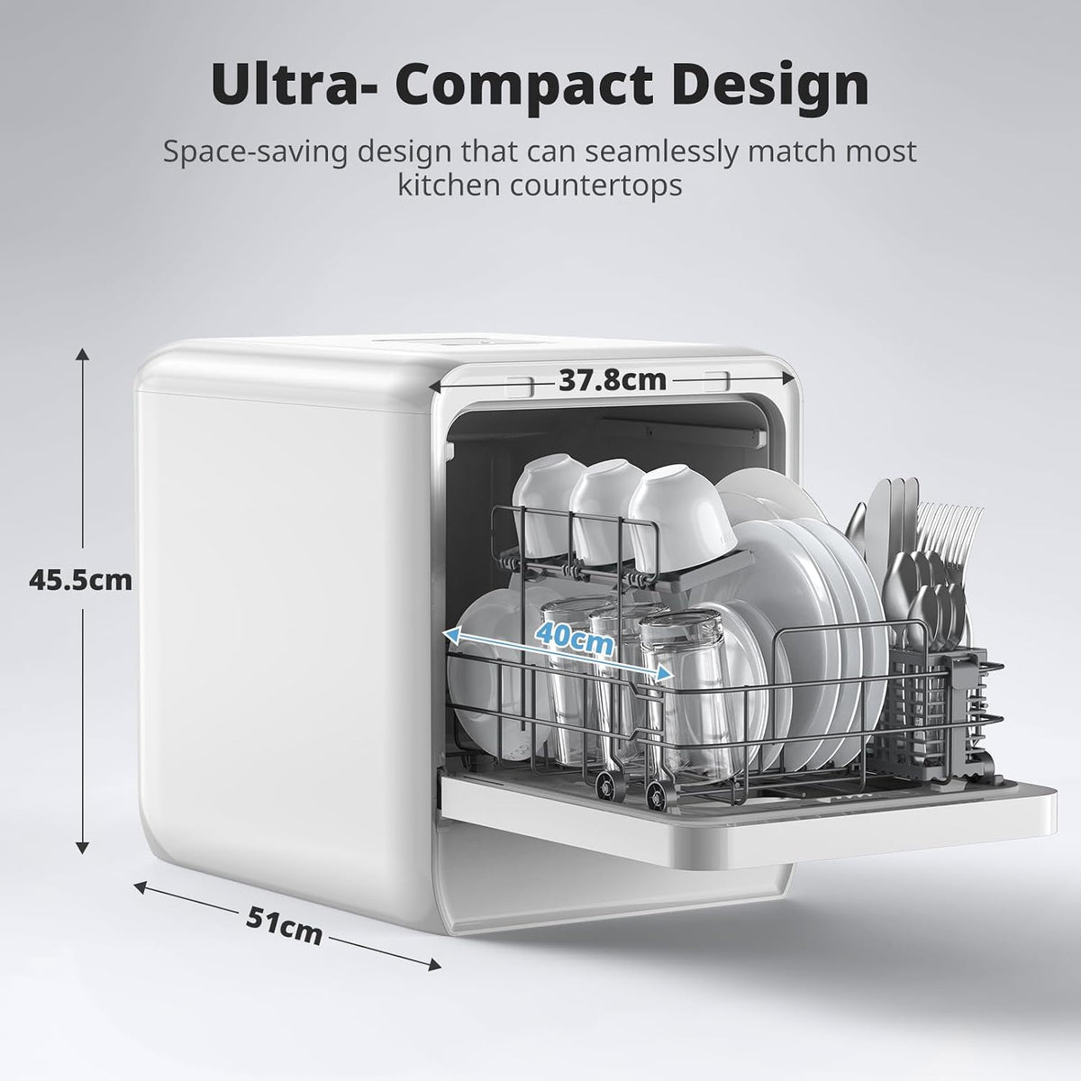Portable Countertop Dishwasher 5.3 Qt Tank 9 Programs 14.6in Narrow White