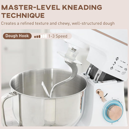 Stand Mixer 1400W 5.3 Qt 6 Speeds Pulse Setting Stainless Steel Bowl White