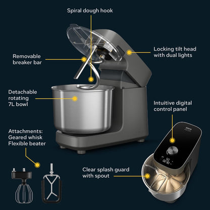 Spiral Mixer 7.7 Qt 58 Speeds Dough Hook Beater Whisk Charcoal Gray