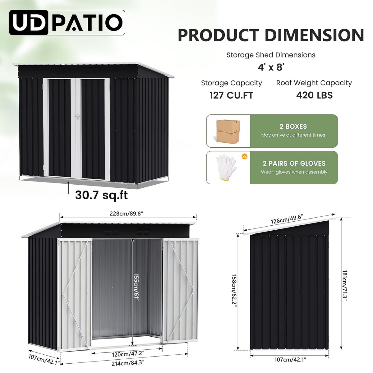 Metal Garden Storage Shed 8 X 4 Ft Dark Gray Alloy Steel Lockable Door