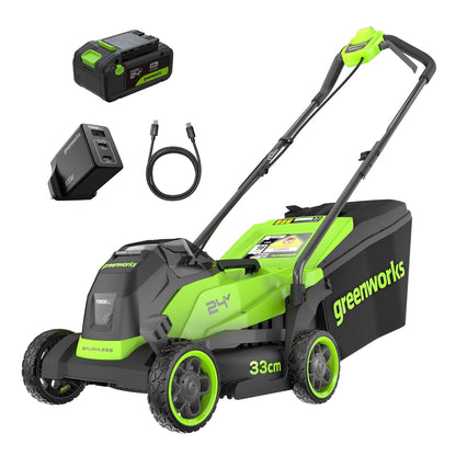 Cordless Lawn Mower 13in 24V Brushless Motor 7.9 Gal Bag 4Ah Battery