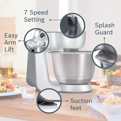 Stand Mixer 7 In 1 1000W 4.1 Qt Bowl 7 Speeds White Silver