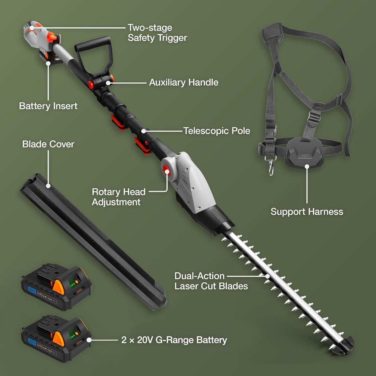 Cordless Pole Hedge Trimmer 76-96.1 in 20V 2 Batteries Harness Gray