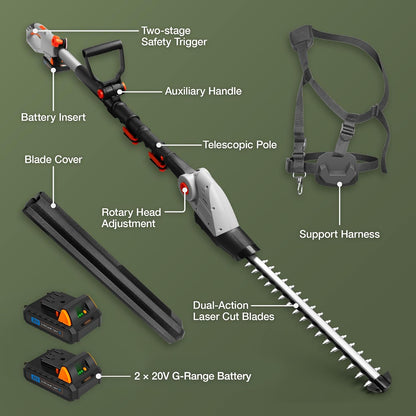 Cordless Pole Hedge Trimmer 76-96.1 in 20V 2 Batteries Harness Gray