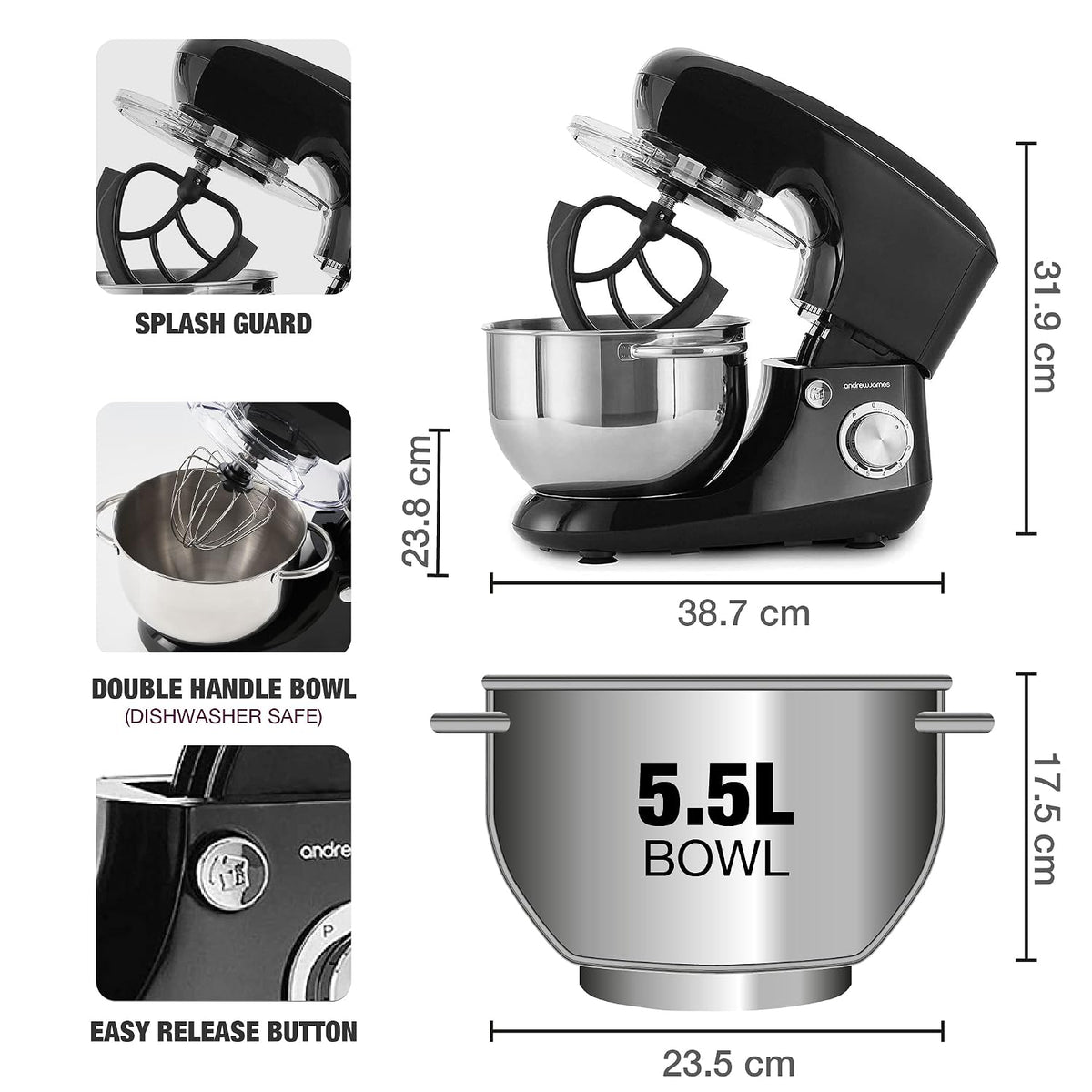 Stand Mixer 1300W 5.8 Qt Stainless Steel Bowl 6 Speeds Pulse Black