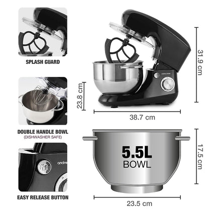 Stand Mixer 1300W 5.8 Qt Stainless Steel Bowl 6 Speeds Pulse Black