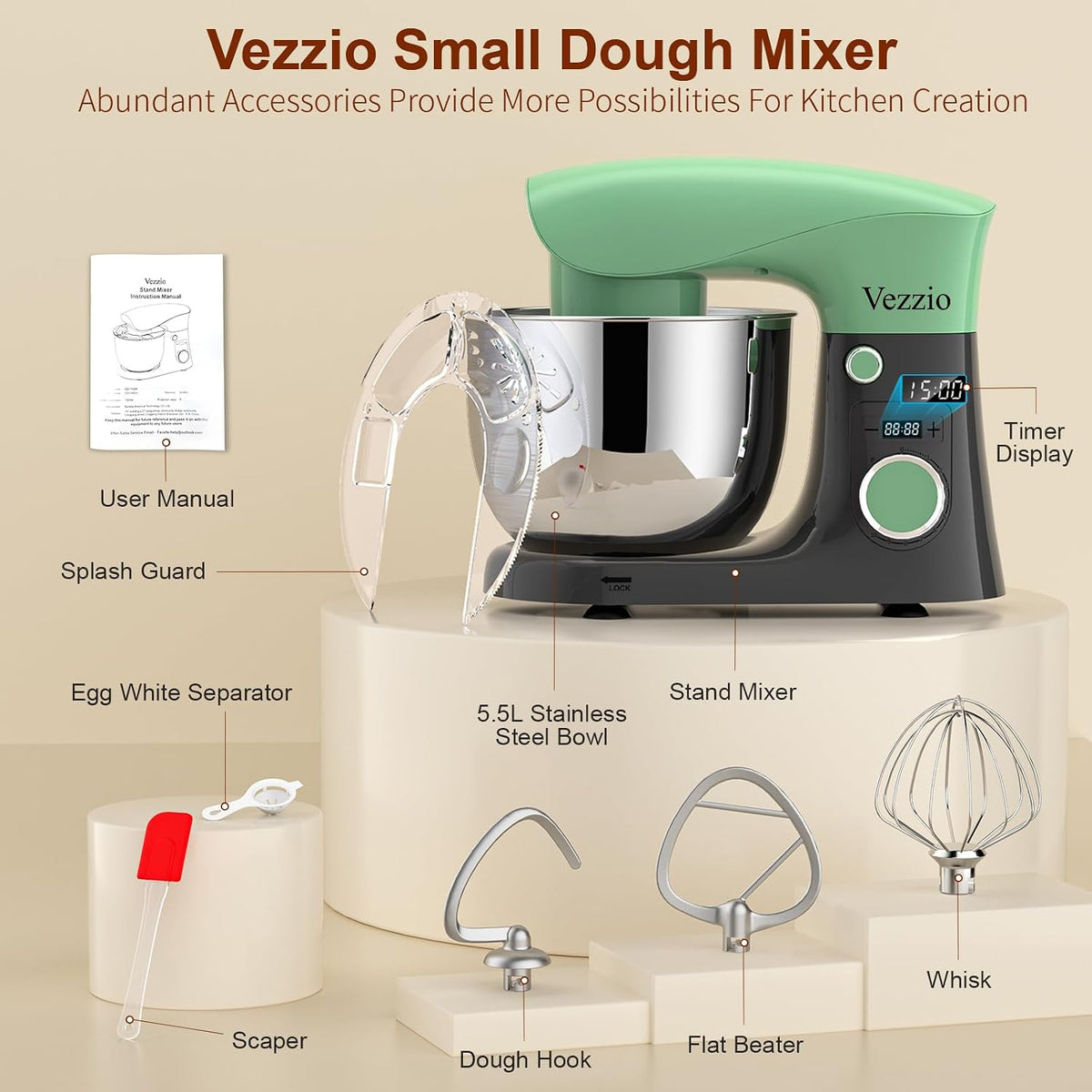 Stand Mixer 1500W 10 Speeds 5.8 Qt Tilt-Head Greengray
