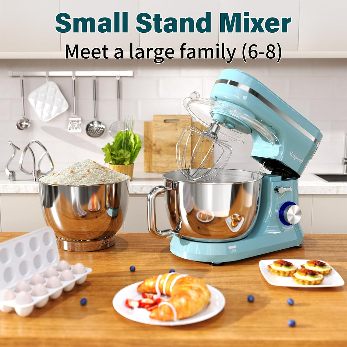 Stand Mixer 4.8 Qt+5.3 Qt Bowls 8-Speed 1000W Tilt-Head Blue