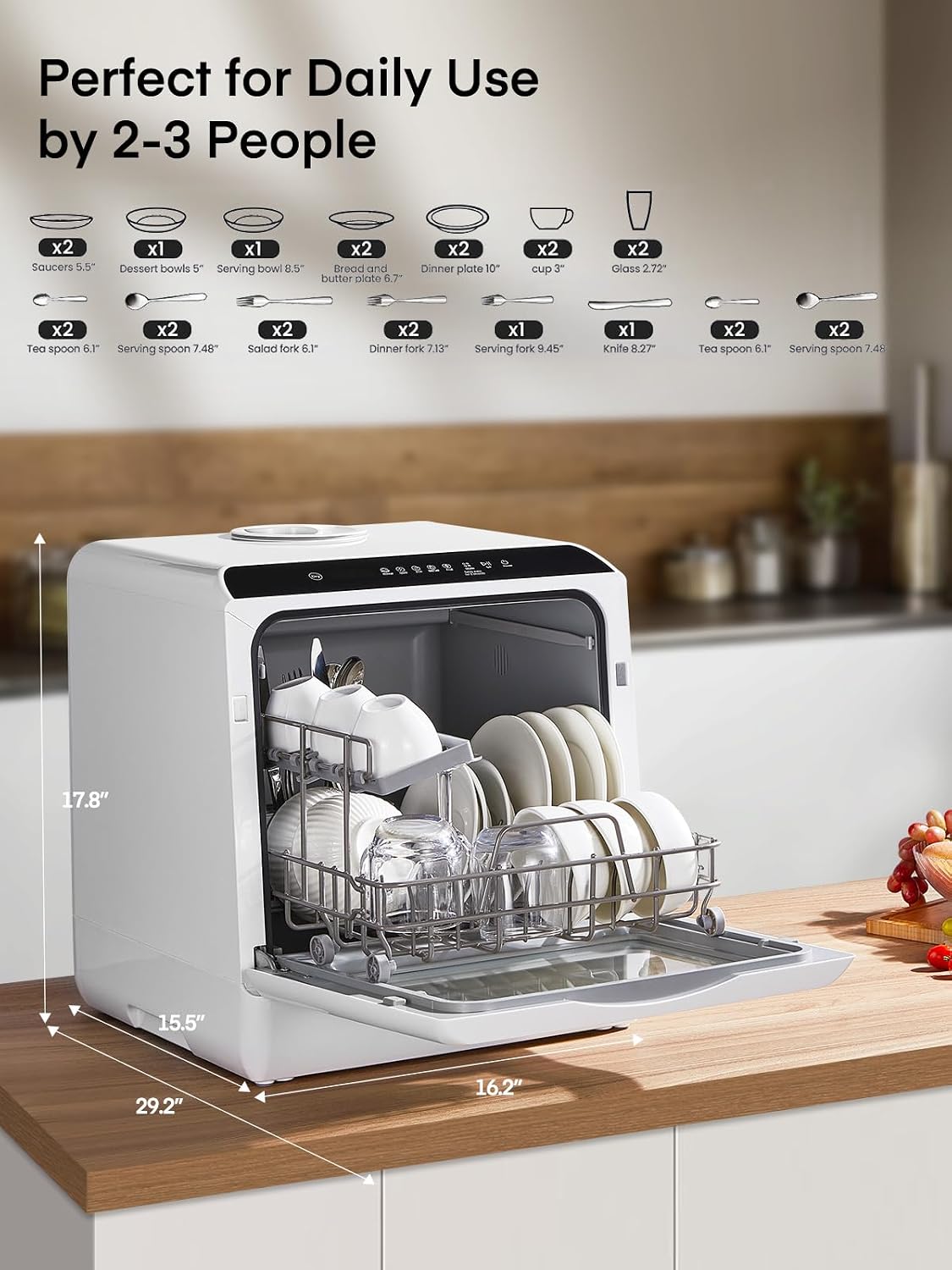 Countertop Dishwasher 5.3 Qt 6 Programs Delay Start Air Dry White