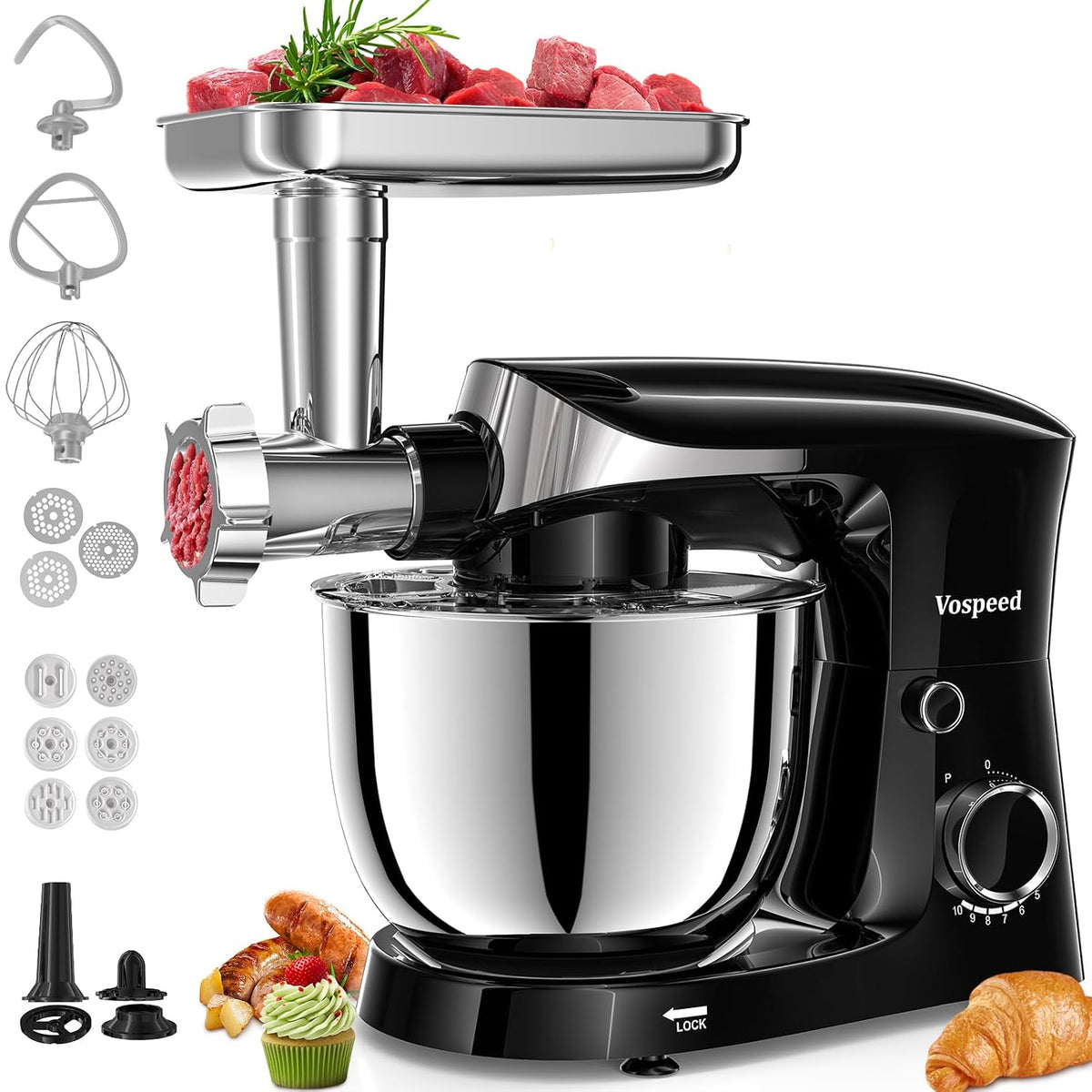 Stand Mixer 1500W 5.8 Qt Tilt-Head 10 Speeds Stainless Steel Bowl Black