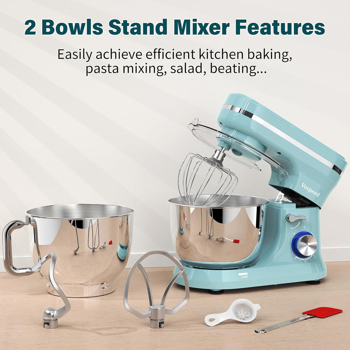 Stand Mixer 4.8 Qt+5.3 Qt Bowls 8-Speed 1000W Tilt-Head Blue