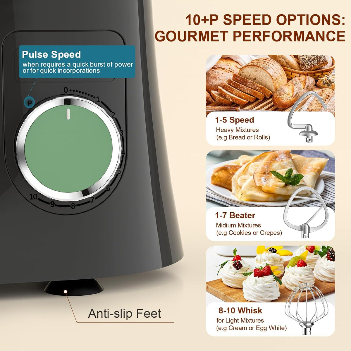 Stand Mixer 1500W 10 Speeds 5.8 Qt Tilt-Head Greengray