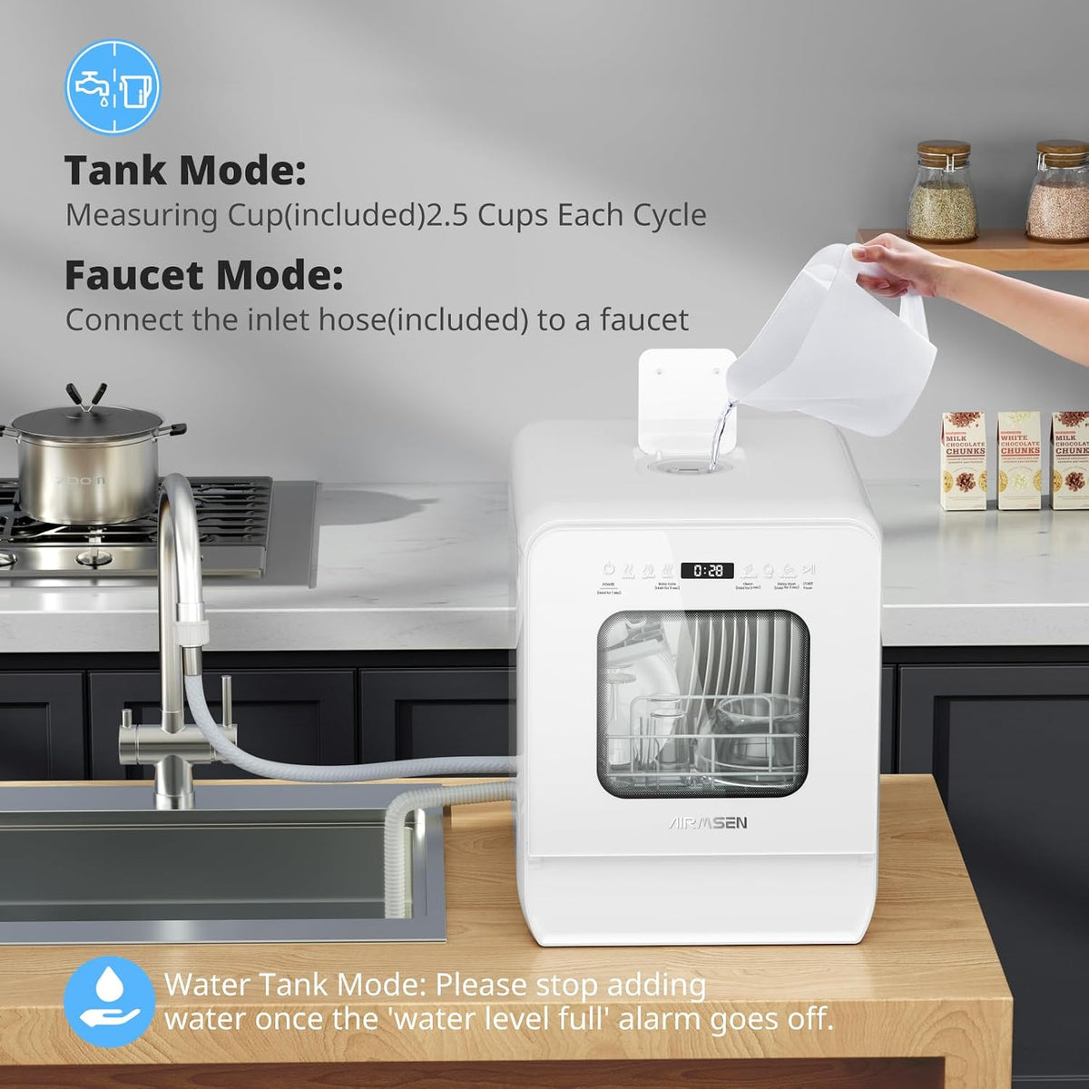 Portable Countertop Dishwasher 5.3 Qt Tank 9 Programs 14.6in Narrow White