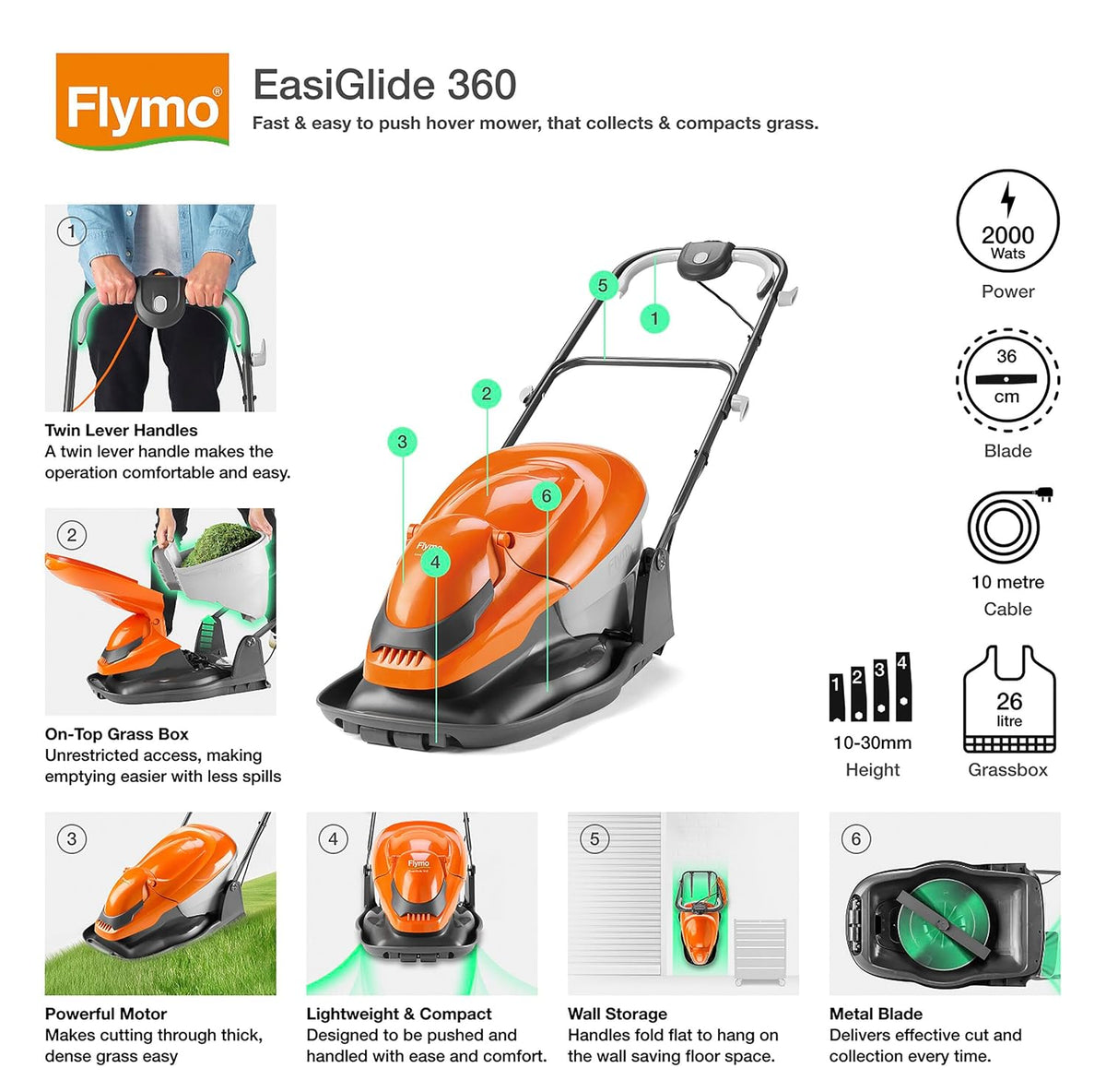 Hover Lawn Mower 14.2in 2000W 6.9 Gal Grass Box 4 Cutting Heights Orange Gray