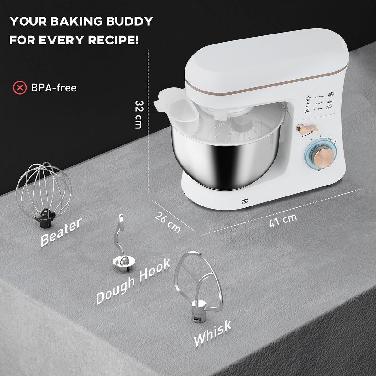 Stand Mixer 1400W 5.3 Qt 6 Speeds Pulse Setting Stainless Steel Bowl White