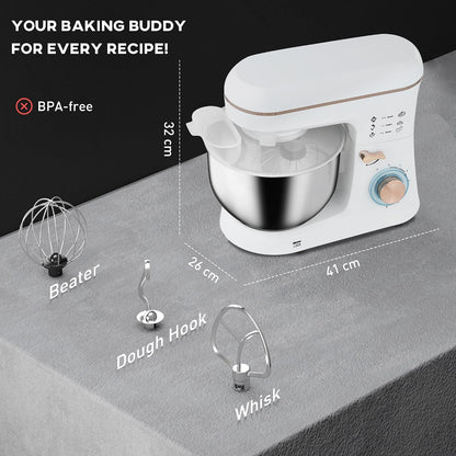 Stand Mixer 1400W 5.3 Qt 6 Speeds Pulse Setting Stainless Steel Bowl White
