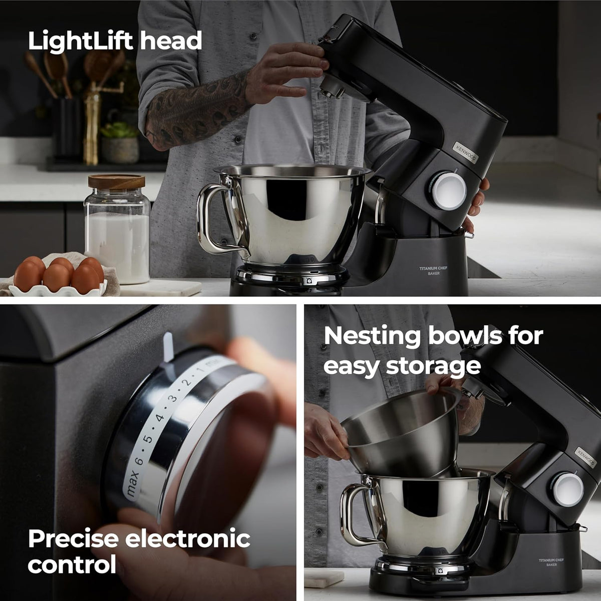 Stand Mixer 1200W Integrated Scale 5.3 Qt 3.7 Qt Bowls Black