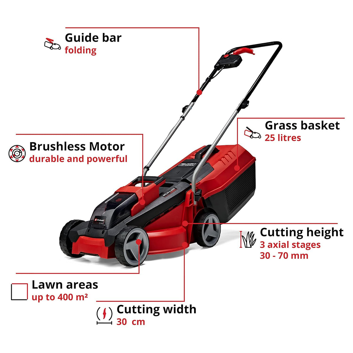 Cordless Lawn Mower 11.8in 18V Brushless Motor Red Black