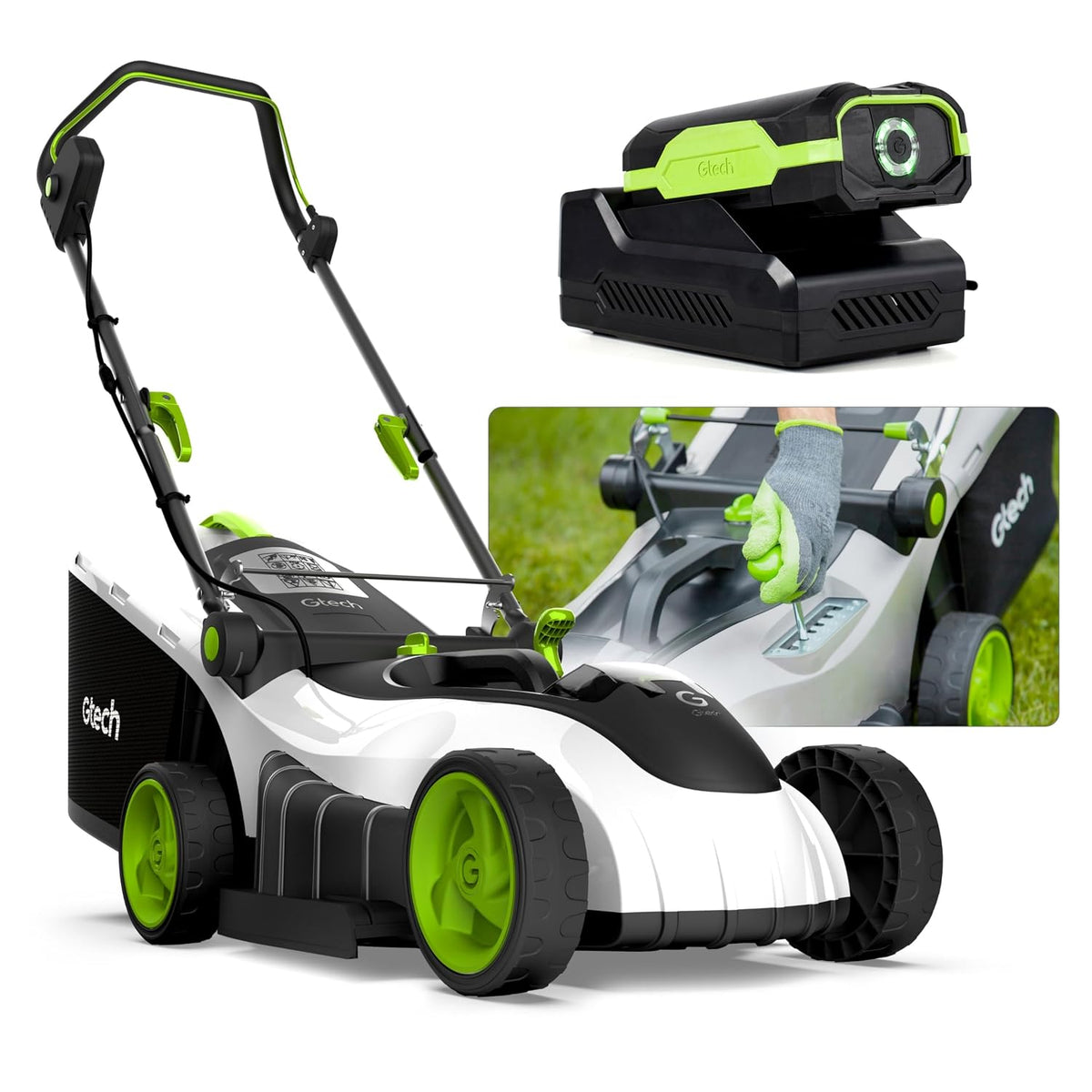Cordless Electric Lawnmower 10in 5200RPM 18V 30 Mins Runtime Gray Green White