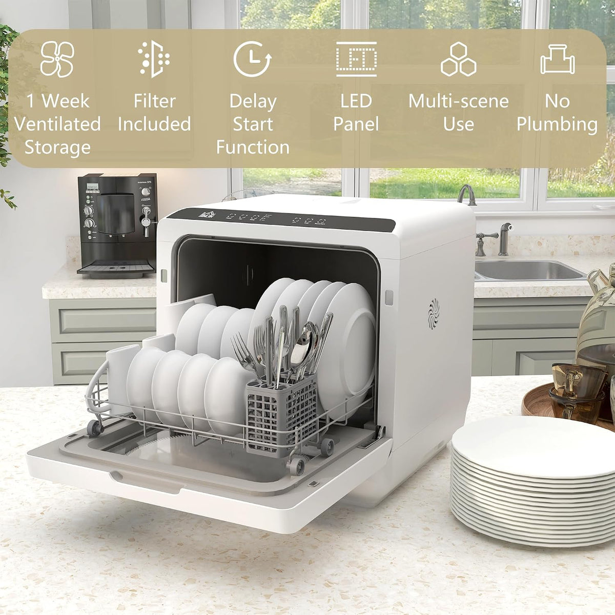 Table Top Dishwasher 6.3 Qt Built-In Tank 4 Place Settings Touch Control White