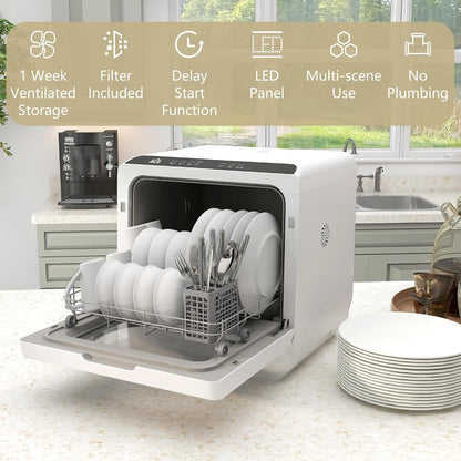 Table Top Dishwasher 6.3 Qt Built-In Tank 4 Place Settings Touch Control White