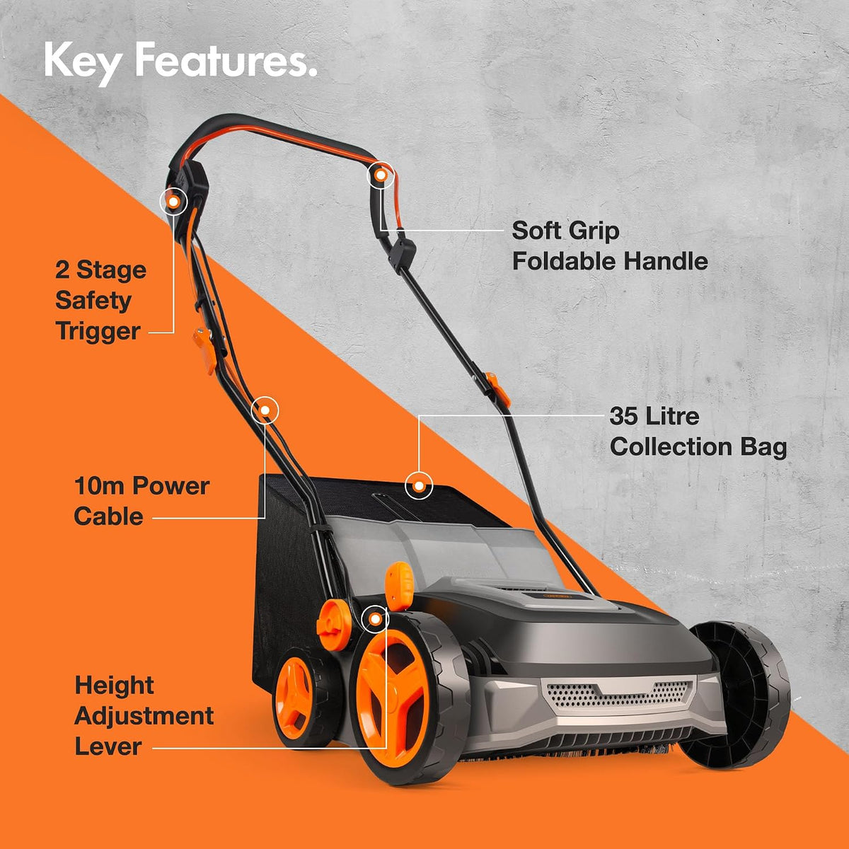 Corded Electric Artificial Grass Sweeper 1800W 11.9 Gal Bag 14.57in 5 Heights Gray Black Orange