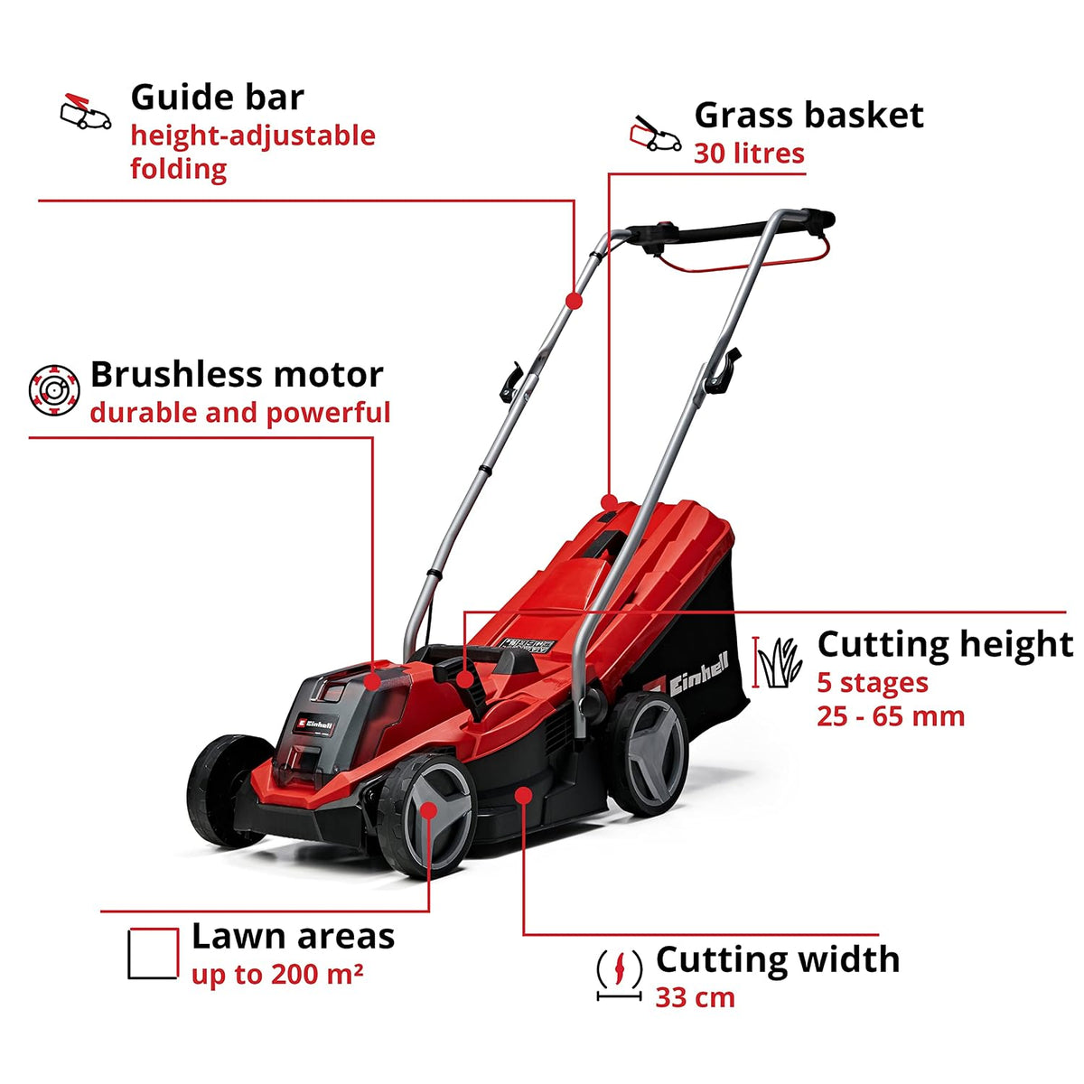 Cordless Lawn Mower 13in 18V 4.0Ah Brushless Motor Red Black