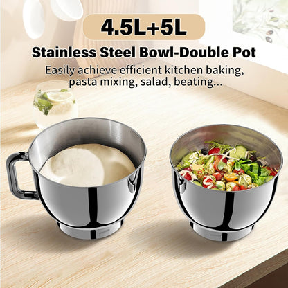 Stand Mixer 4.8 Qt+5.3 Qt Bowls 8-Speed 1000W Tilt-Head Blue