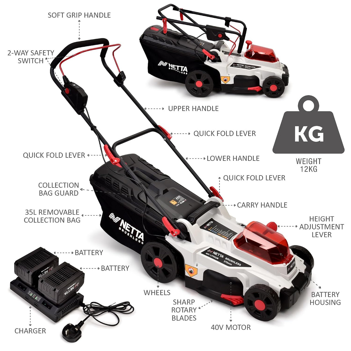 Cordless Lawn Mower 14.6in 40V 2x4.0Ah Batteries 6 Heights 9.2 Gal