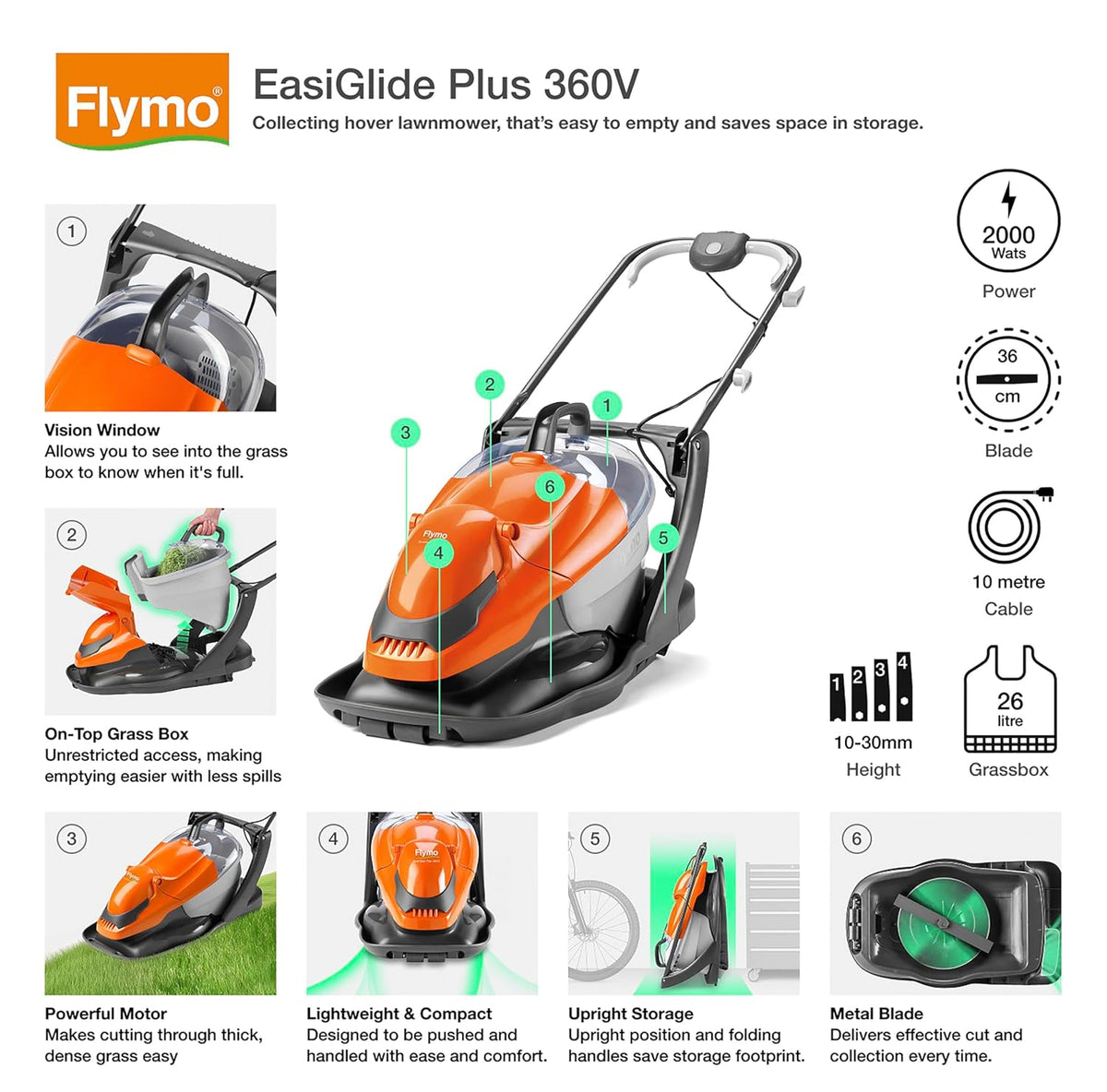 Corded Electric Hover Lawn Mower 1800W 14.2in 6.9 Gal 4 Heights Orange Gray