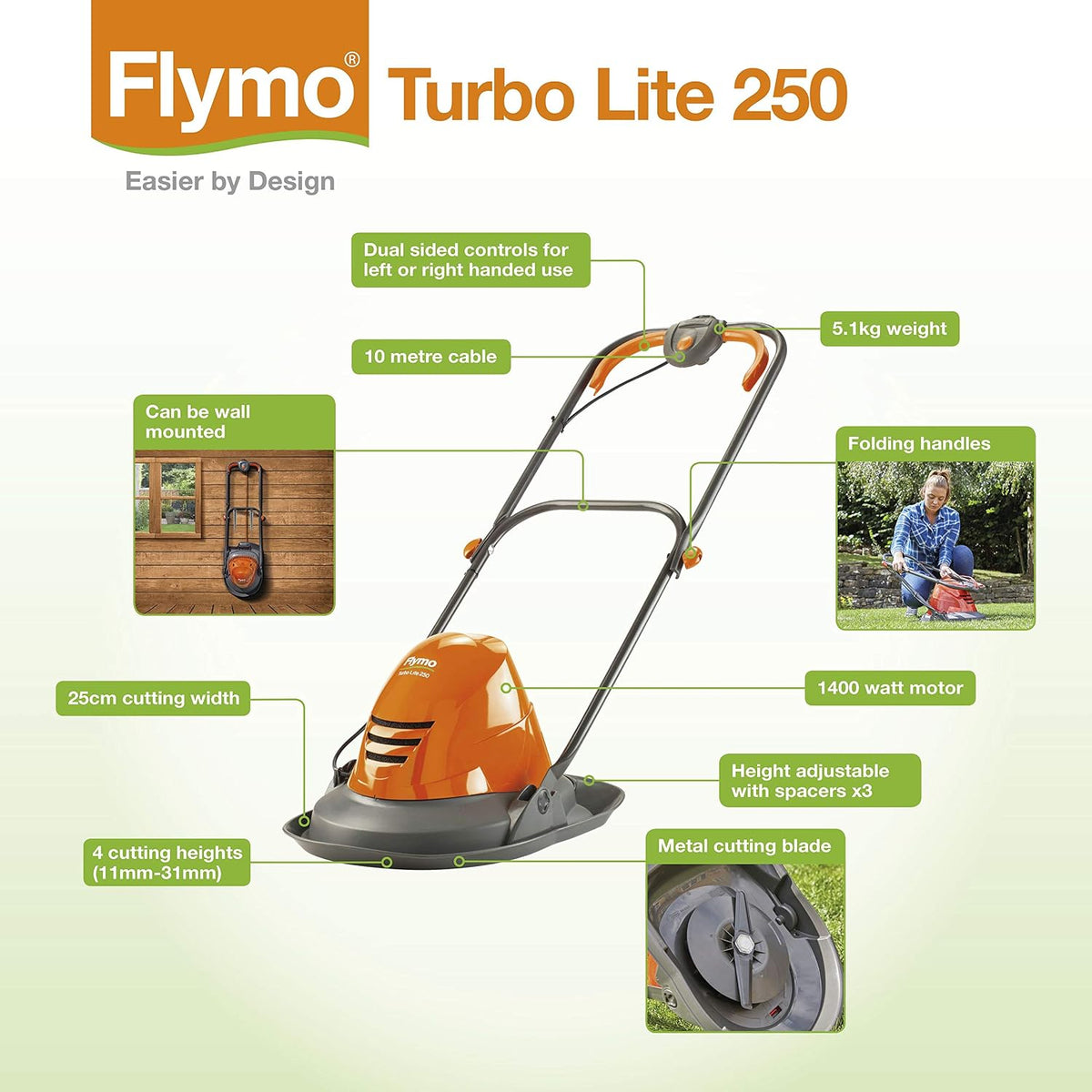 Electric Hover Lawn Mower 1400W 9.8in 3 Heights 32.8ft Cable Orange Gray