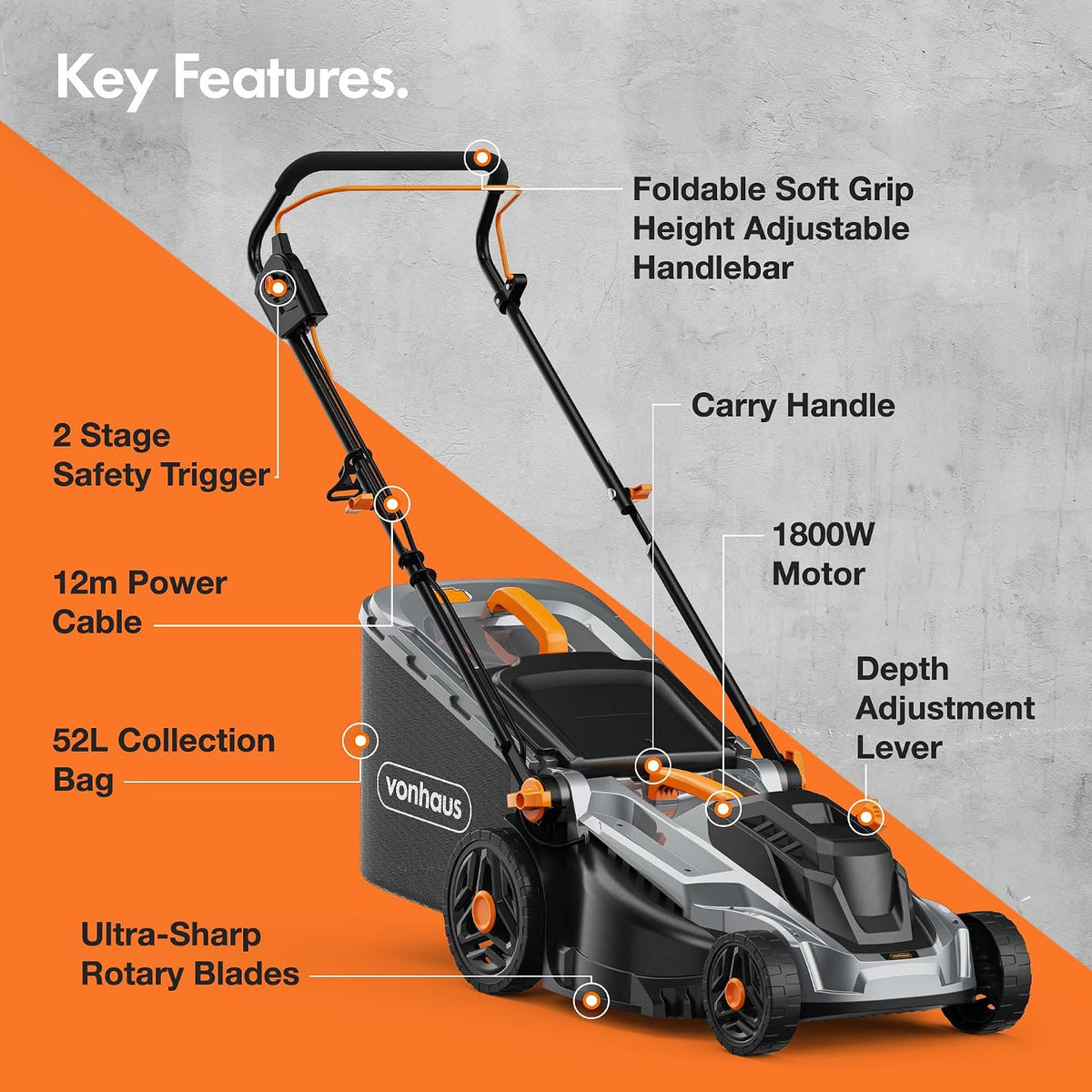 Corded Electric Hover Lawn Mower 1800W 16.9in 13.7 Gal 5 Heights Orange Gray