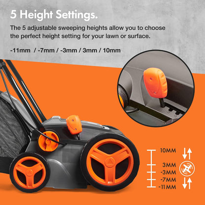 Corded Electric Artificial Grass Sweeper 1800W 11.9 Gal Bag 14.57in 5 Heights Gray Black Orange