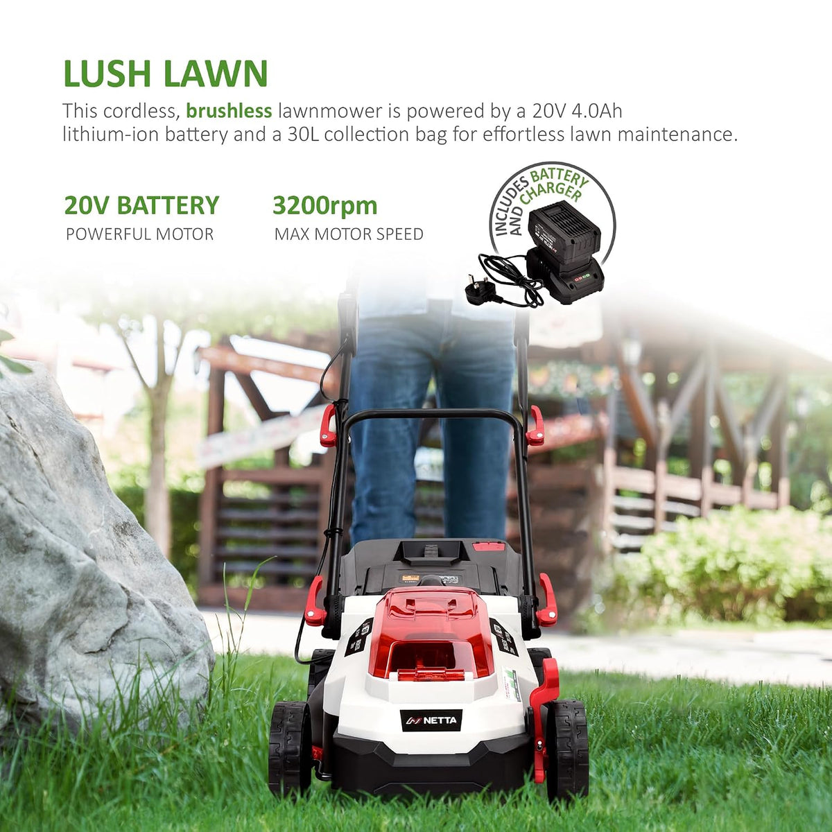Cordless Lawn Mower 13in 20V 4.0Ah Brushless Motor White