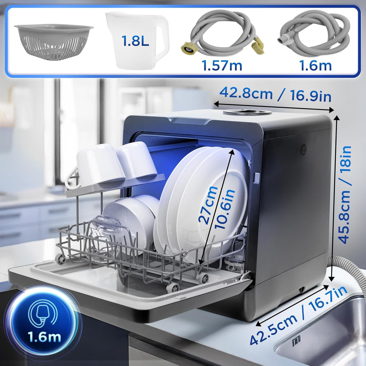 Table Top Dishwasher 5.3 Qt 950W 8 Programs Black