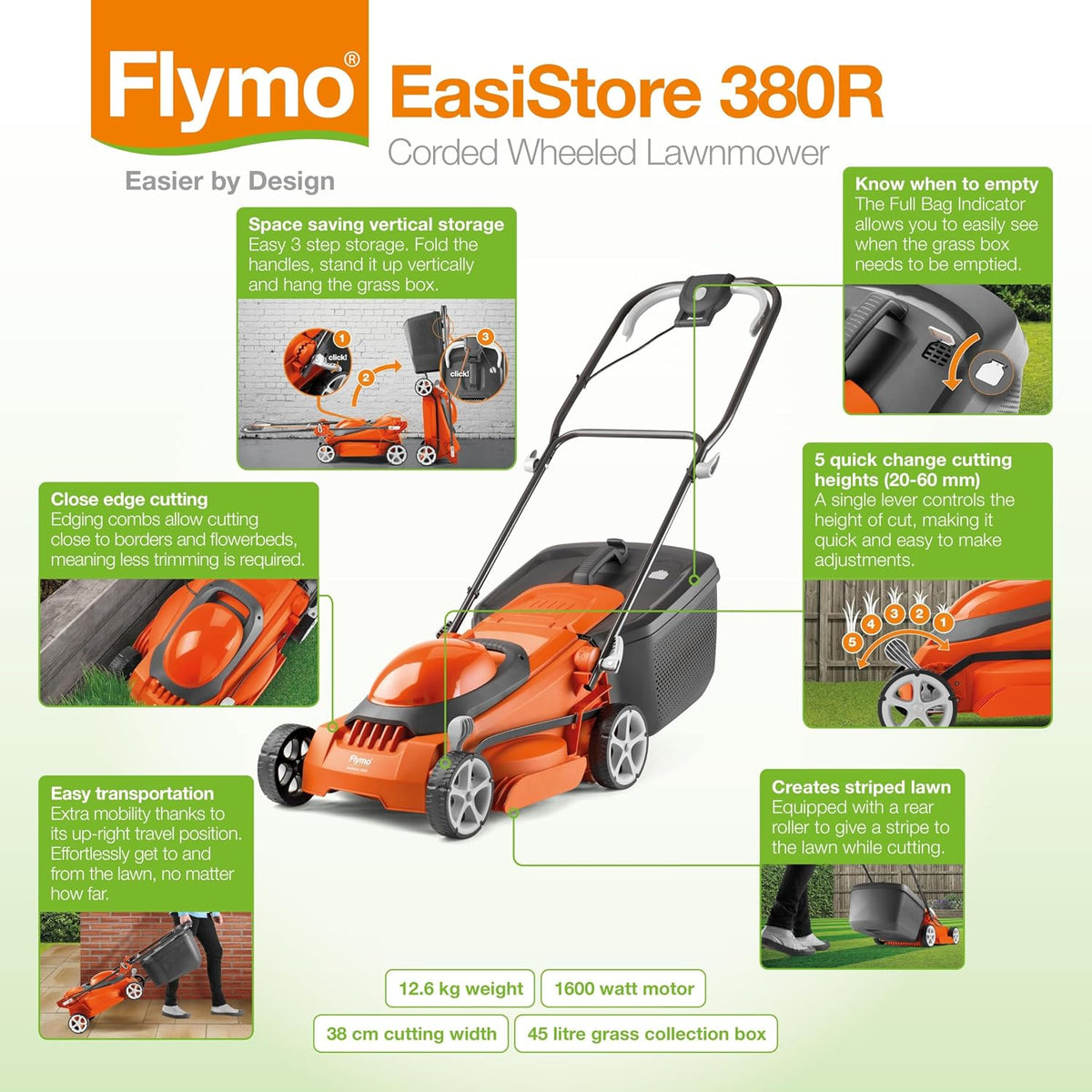 Corded Electric Lawn Mower 1600W 15in 11.9 Gal 5 Heights Orange Gray
