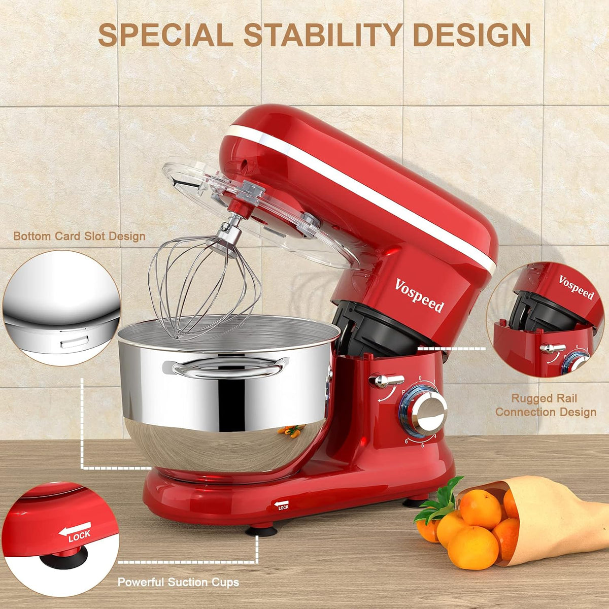 Stand Mixer 6.6 Qt 1500W 6 Speed Red