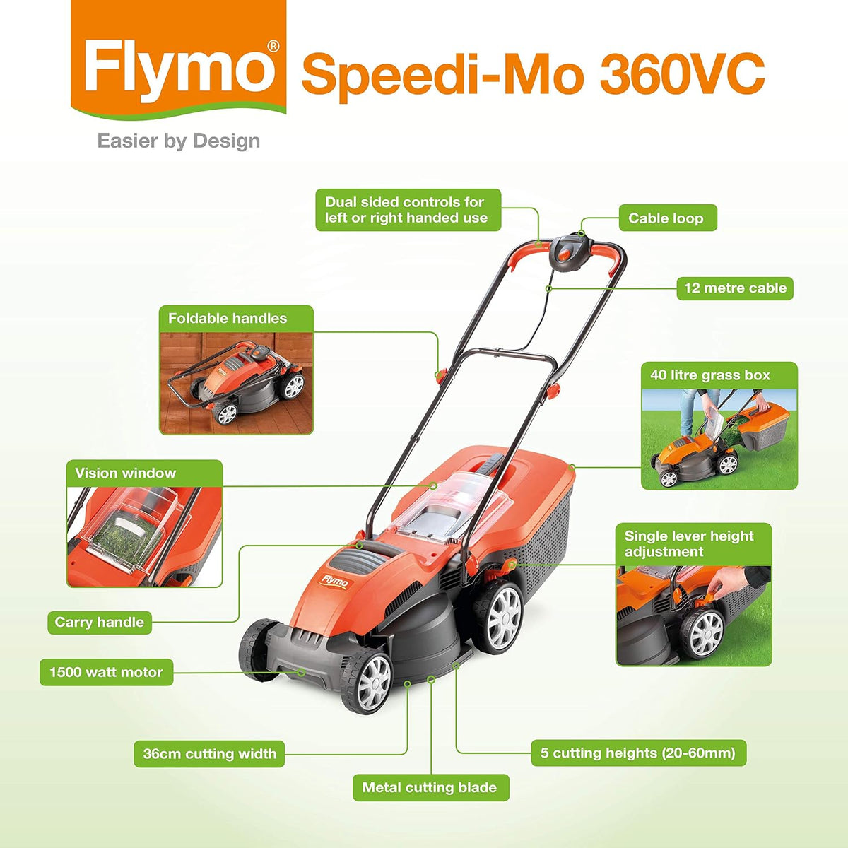 Corded Electric Hover Lawn Mower 1500W 14.2in 10.6 Gal 5 Heights Orange Gray
