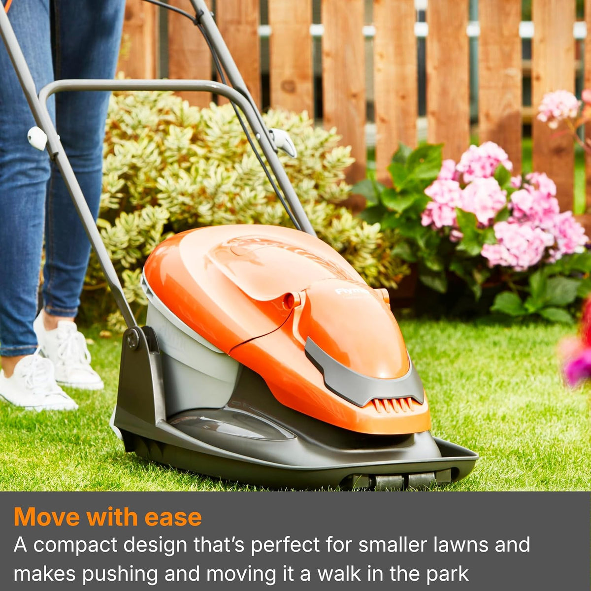 Hover Lawn Mower 13in 1700W 5.3 Gal Grass Box 4 Cutting Heights Orange Gray