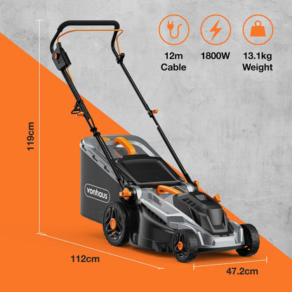 Corded Electric Hover Lawn Mower 1800W 16.9in 13.7 Gal 5 Heights Orange Gray