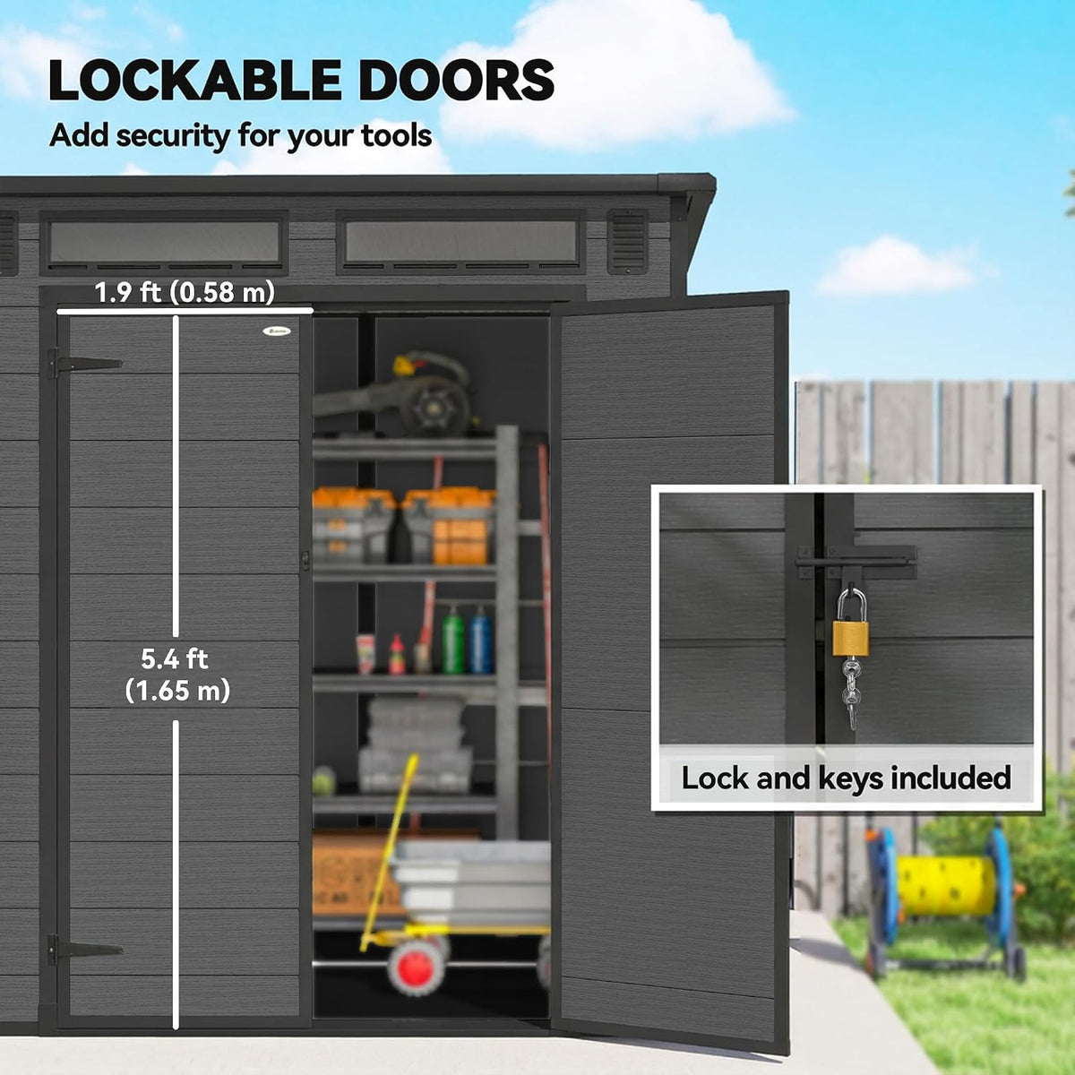 Plastic Garden Storage Shed 6 X 6 Ft Dark Gray Aluminum Frame Double Doors