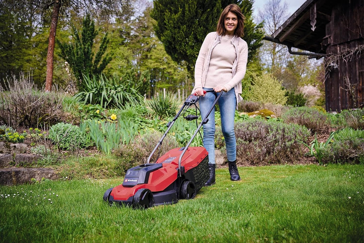 Electric Lawn Mower 12.6in 1000W 7.9 Gal Grass Box 3 Cutting Heights Red Black