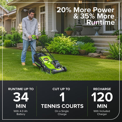 Cordless Lawn Mower 13in 24V Brushless Motor 7.9 Gal Bag 4Ah Battery