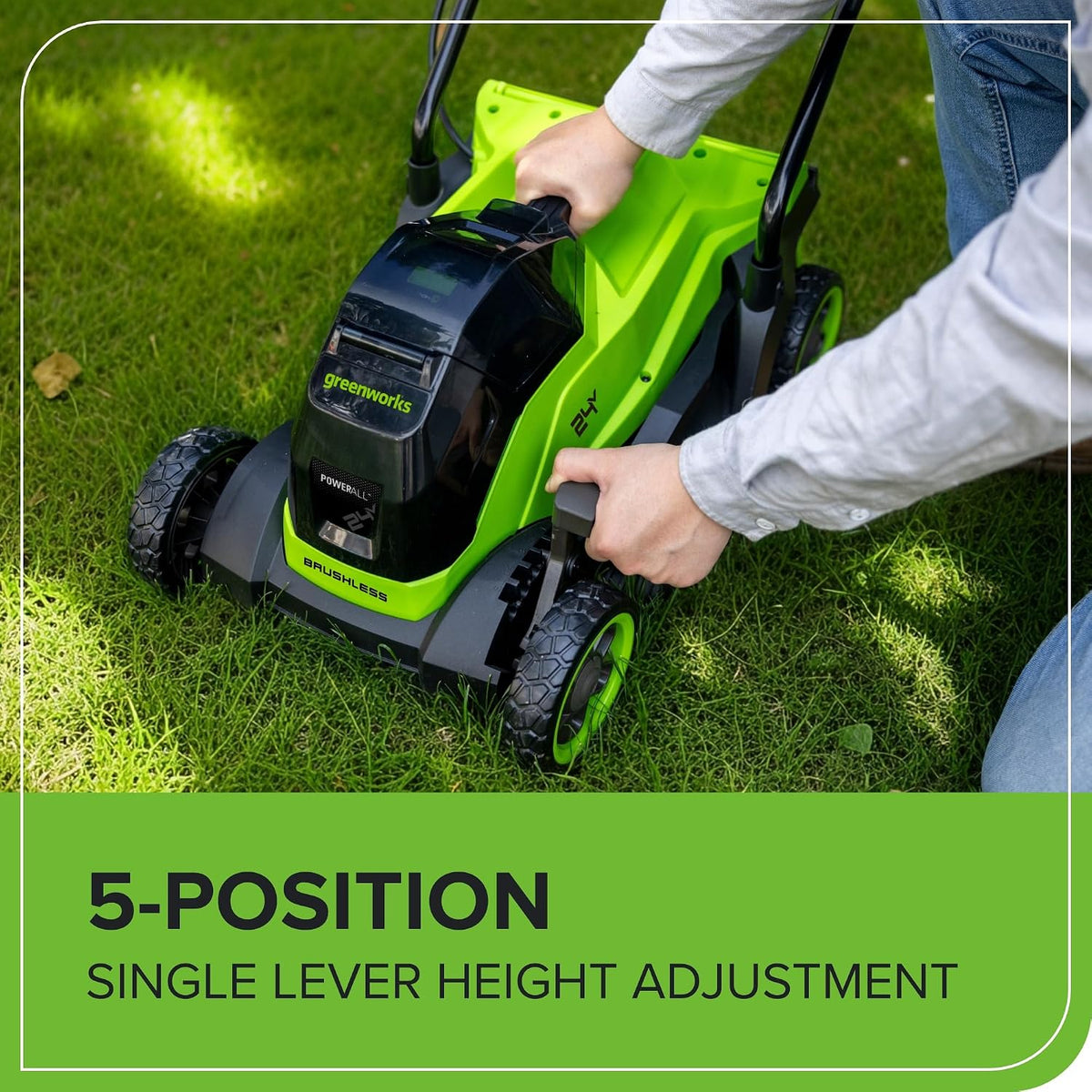 Cordless Lawn Mower 13in 24V Brushless Motor 7.9 Gal Bag 4Ah Battery