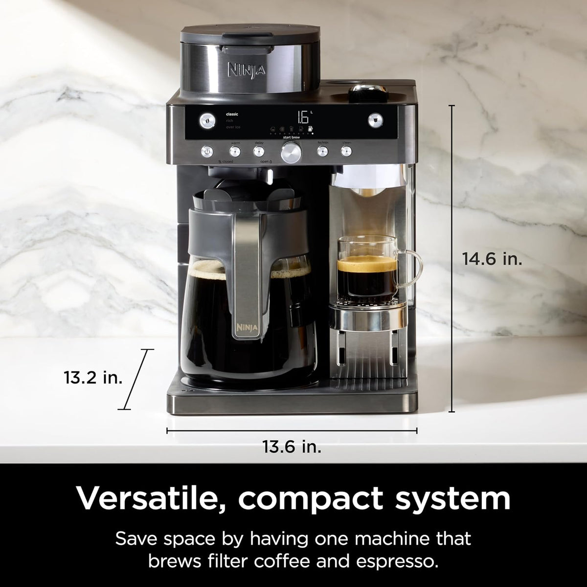 2-in-1 Filter Coffee and Pod Capsule Machine with Built-in Milk Frother 1.9 Qt Gunmetal