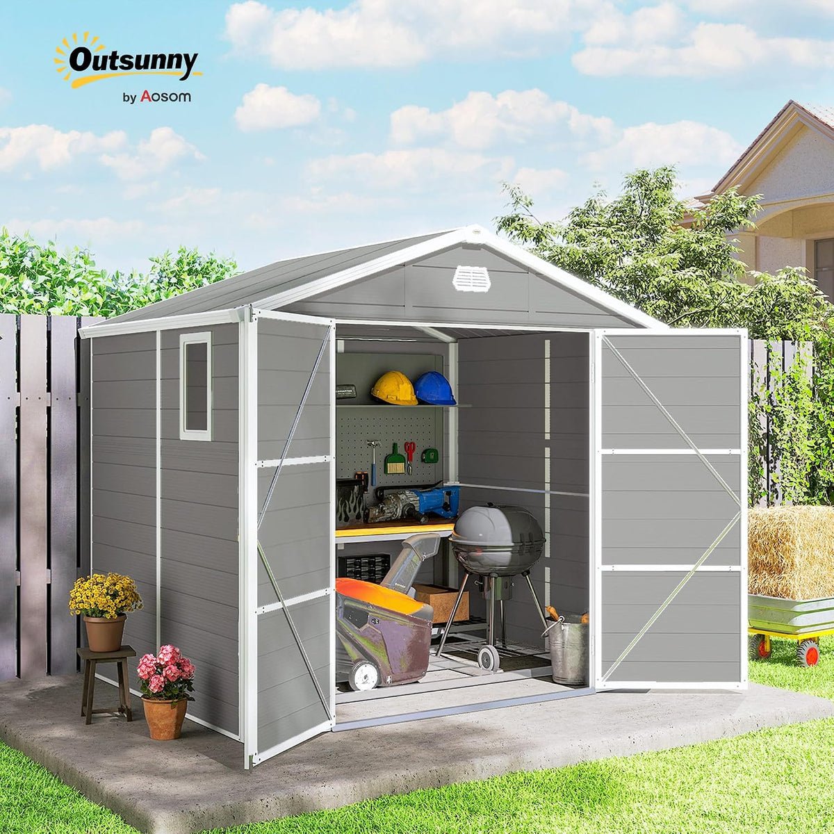 Plastic Garden Storage Shed 8 X 6 Ft Light Gray Aluminum Frame Lockable Door