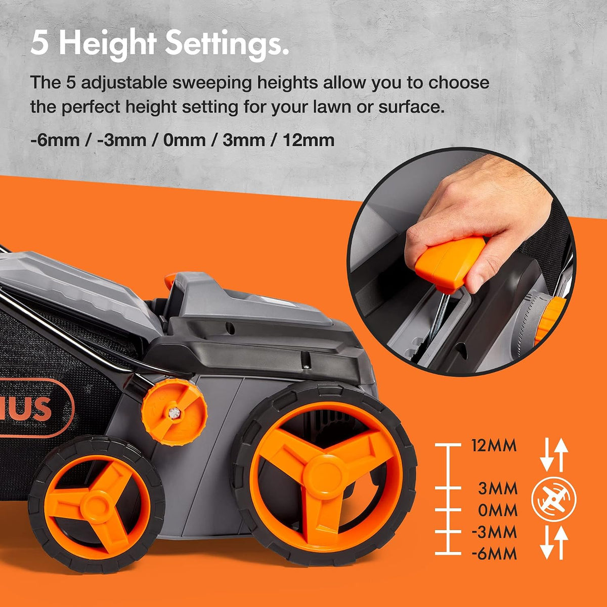 Corded Electric Artificial Grass Sweeper 1800W 11.9 Gal Bag 14.96in 5 Heights Gray Black Orange